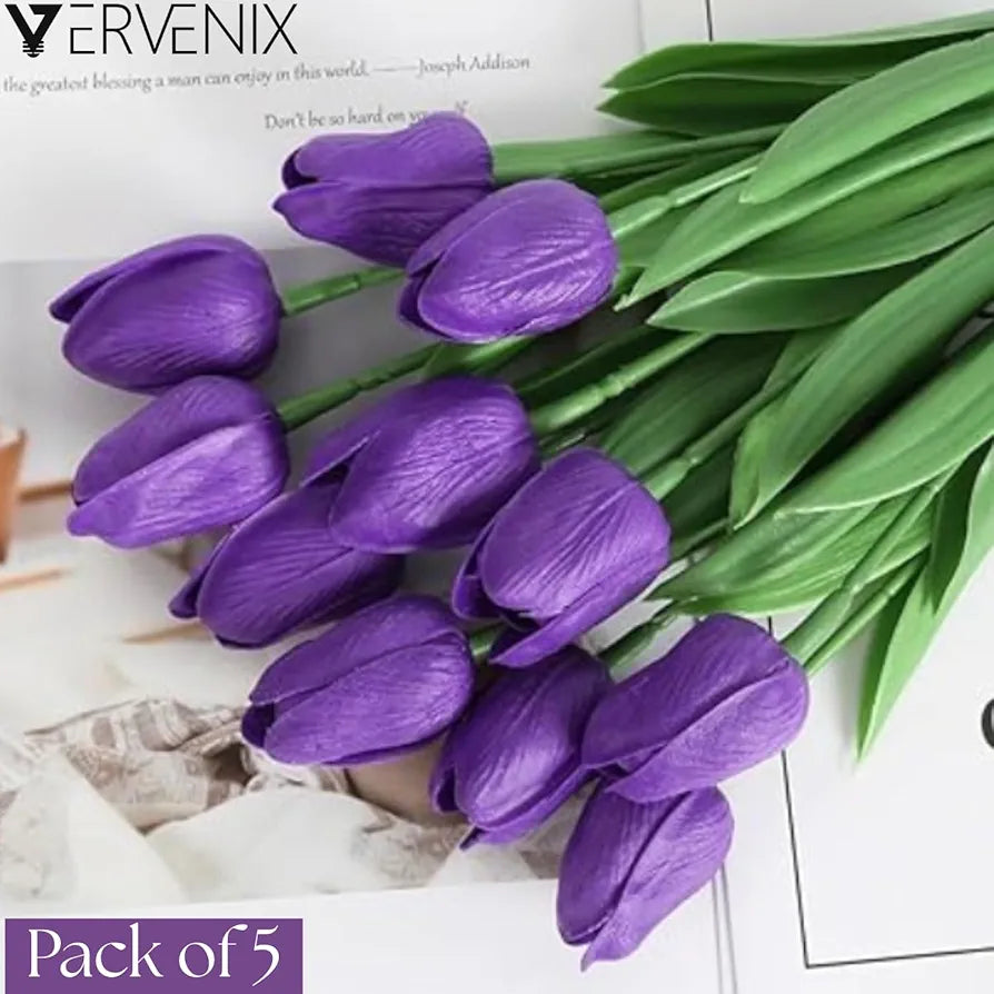 VERVENIX 5 Pcs Artificial Tulip Lily Flowers for Vase – Home Décor, Living Room, Bedroom, Party & Wedding Decoration Items Grape Voilet, Fabric, Vase Not Included